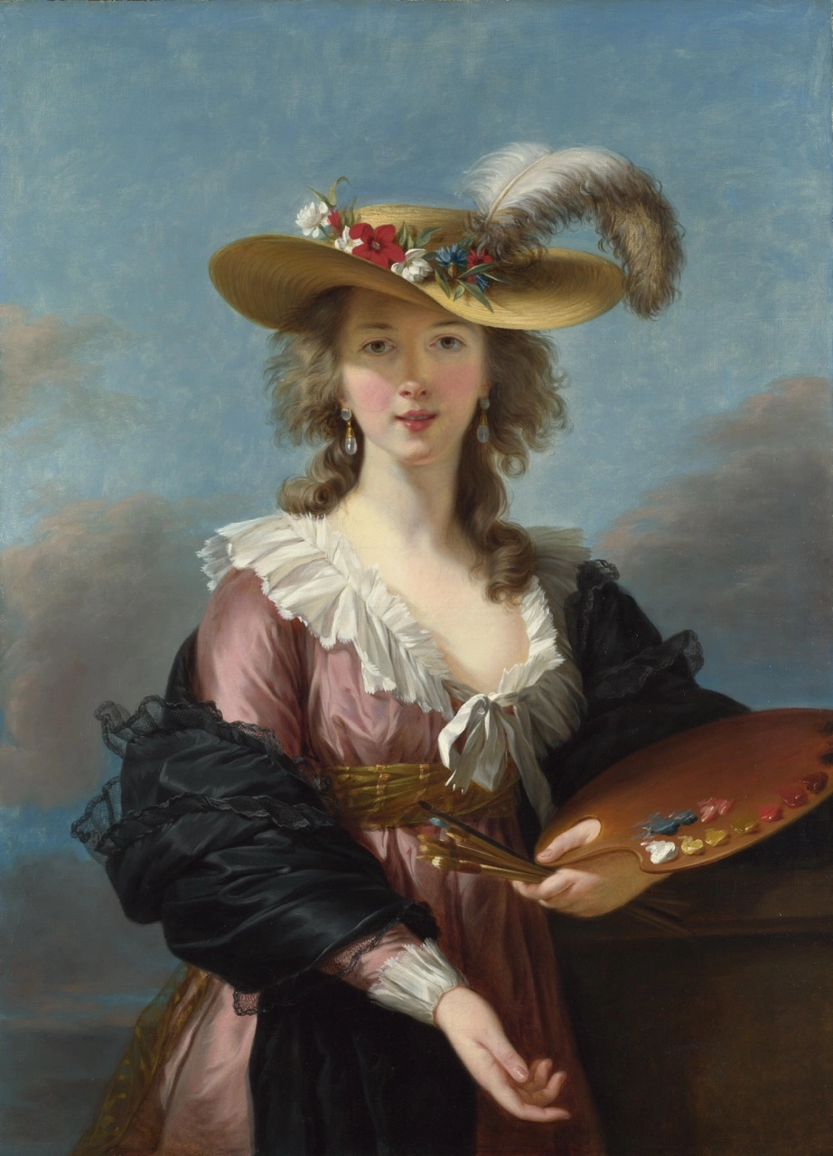 Self-portrait of Élisabeth Vigée Le Brun holding a palette and brushes, wearing a straw hat adorned with flowers, painted with delicate realism on linen canvas