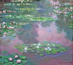 Claude Monet’s Water Lilies painting from 1906, featuring soft reflections and vibrant lily pads on water, painted with expressive brushwork on linen canvas.