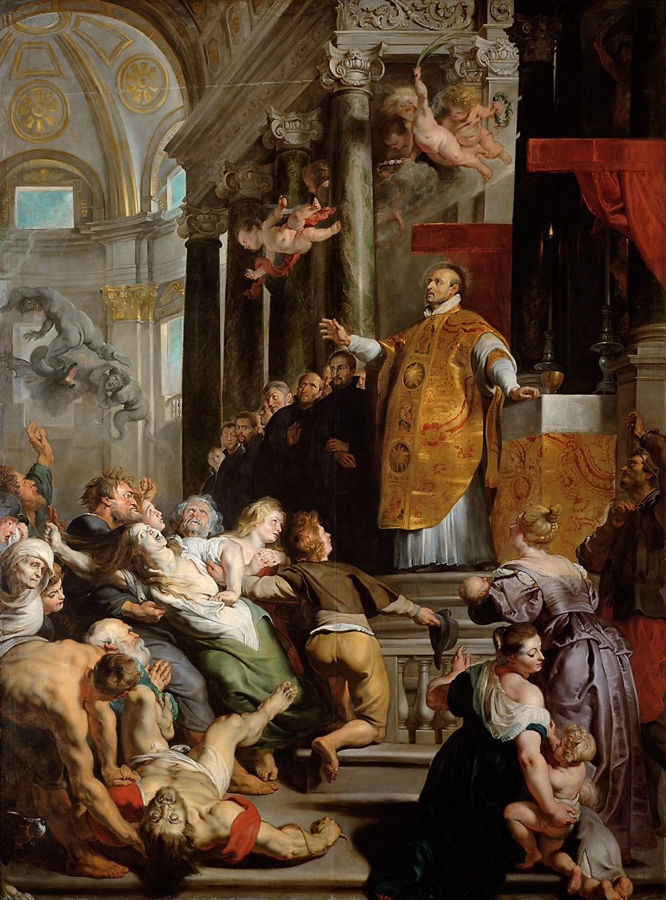 Baroque painting by Peter Paul Rubens depicting St. Ignatius performing miracles, with dynamic figures and dramatic lighting on a linen-mounted panel