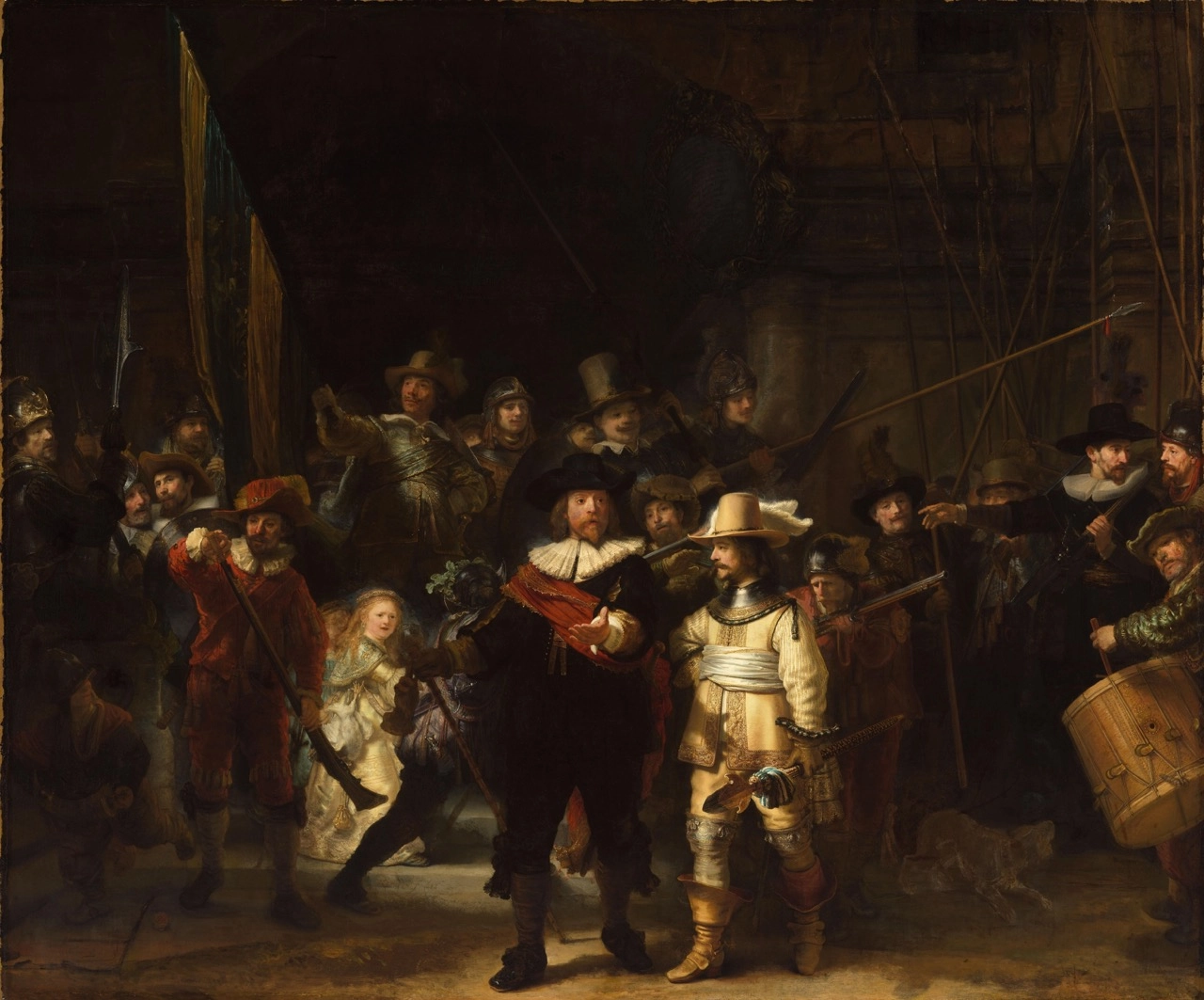 Rembrandt’s The Night Watch, a Baroque oil painting depicting a dynamic militia group, showcasing dramatic light and movement on linen canvas