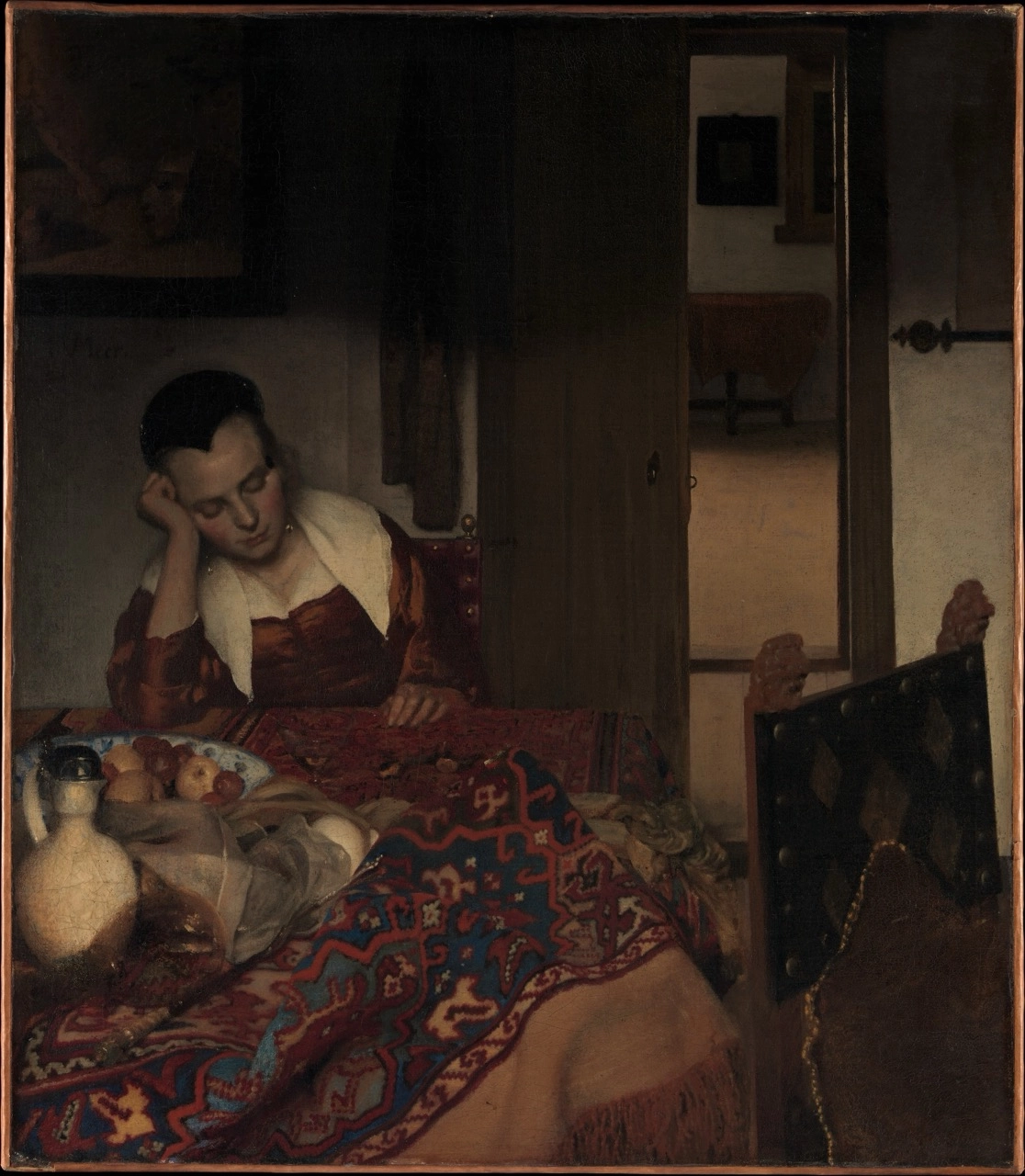 Vermeer’s painting A Girl Asleep, depicting a young woman resting at a table draped with a rich tapestry, showcasing fine detail and light on linen mounted to wooden panel