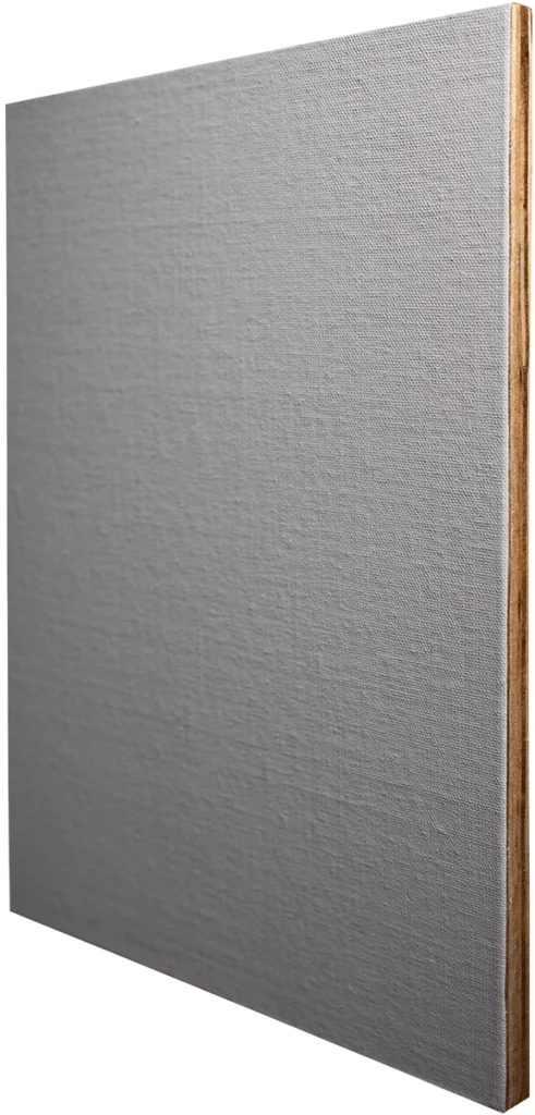 Close-up side view of a slim panel covered in textured, acrylic-primed linen with the raw birch wood edge visible.