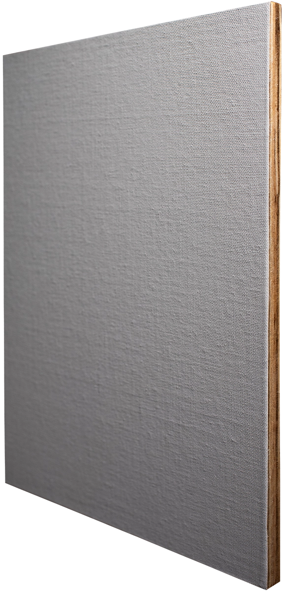 Close-up side view of a slim panel covered in textured, acrylic-primed linen with the raw birch wood edge visible.