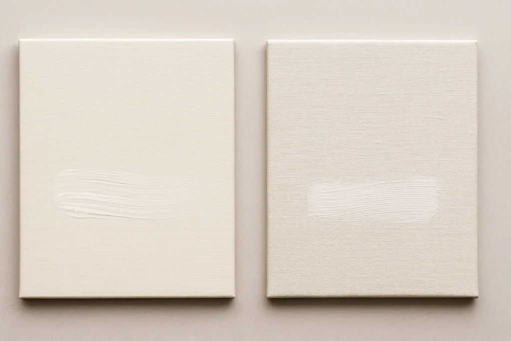 Oil Primed vs Acrylic Primed Linen: Two canvas panels side by side with visible white paint swatches showing the difference in surface texture between oil primed and acrylic primed linen