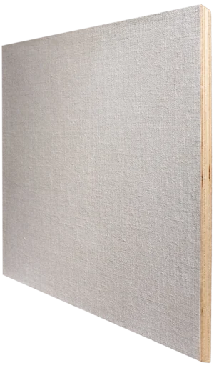 Square 12×12-inch linen panel primed with smooth white oil ground, showing fine linen tooth, standing upright