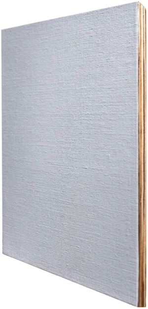 Close-up side view of a slim panel covered in textured, oil-primed linen with the raw birch wood edge visible.