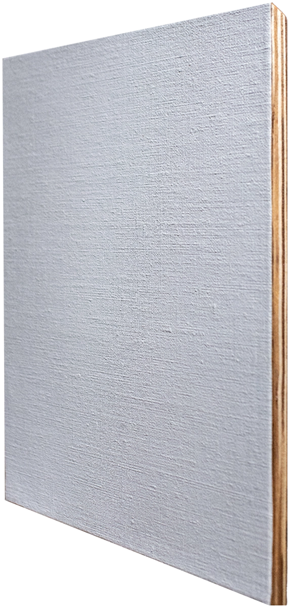 Close-up side view of a slim panel covered in textured, oil-primed linen with the raw birch wood edge visible.