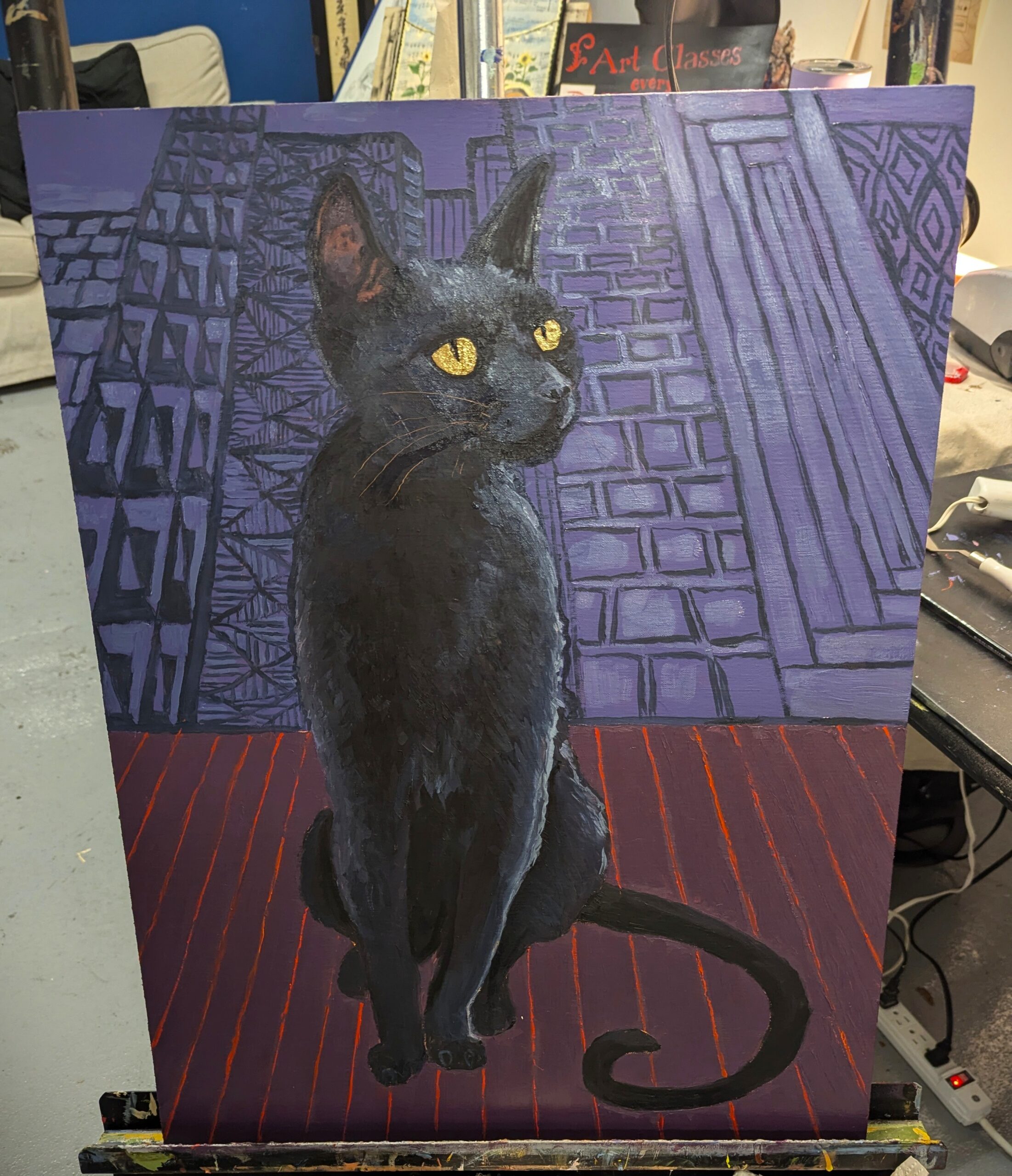 Jolene's Black Cat Cityscape, Oil on Linen Oil Primed Panel, 