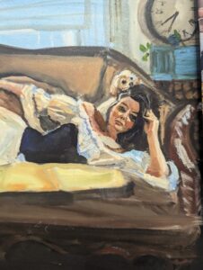 Home 7 An example of used in the Unstoppable artists Manifesto. Detail of oil painting portrait of woman reclining on a couch with soft highlights and expressive brushstrokes; close-up of face showing layered revisions and color adjustments.