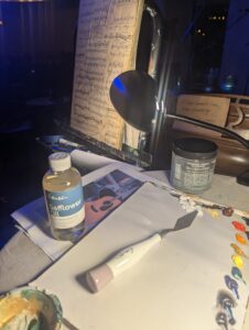 Jolene's palette for live painting at the Blue Jay Listening room