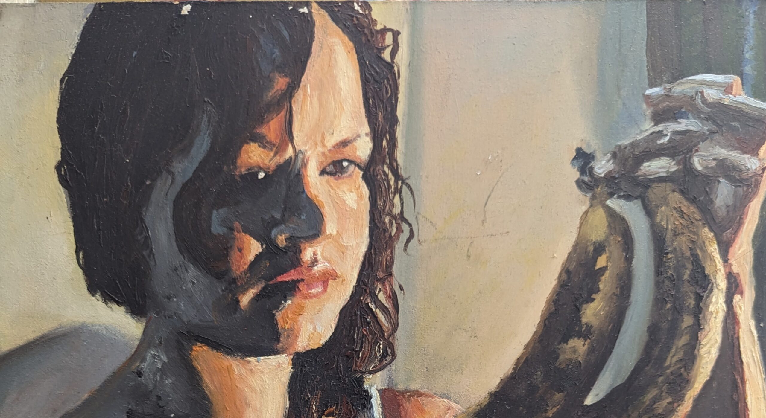 7 Things I Had to Unlearn to Mix Color Confidently in Oil Painting 2 Self-portrait oil painting on panel by Jolene DuBray (2013), demonstrating cooler color temperatures in the shadows and warmer hues in the light.