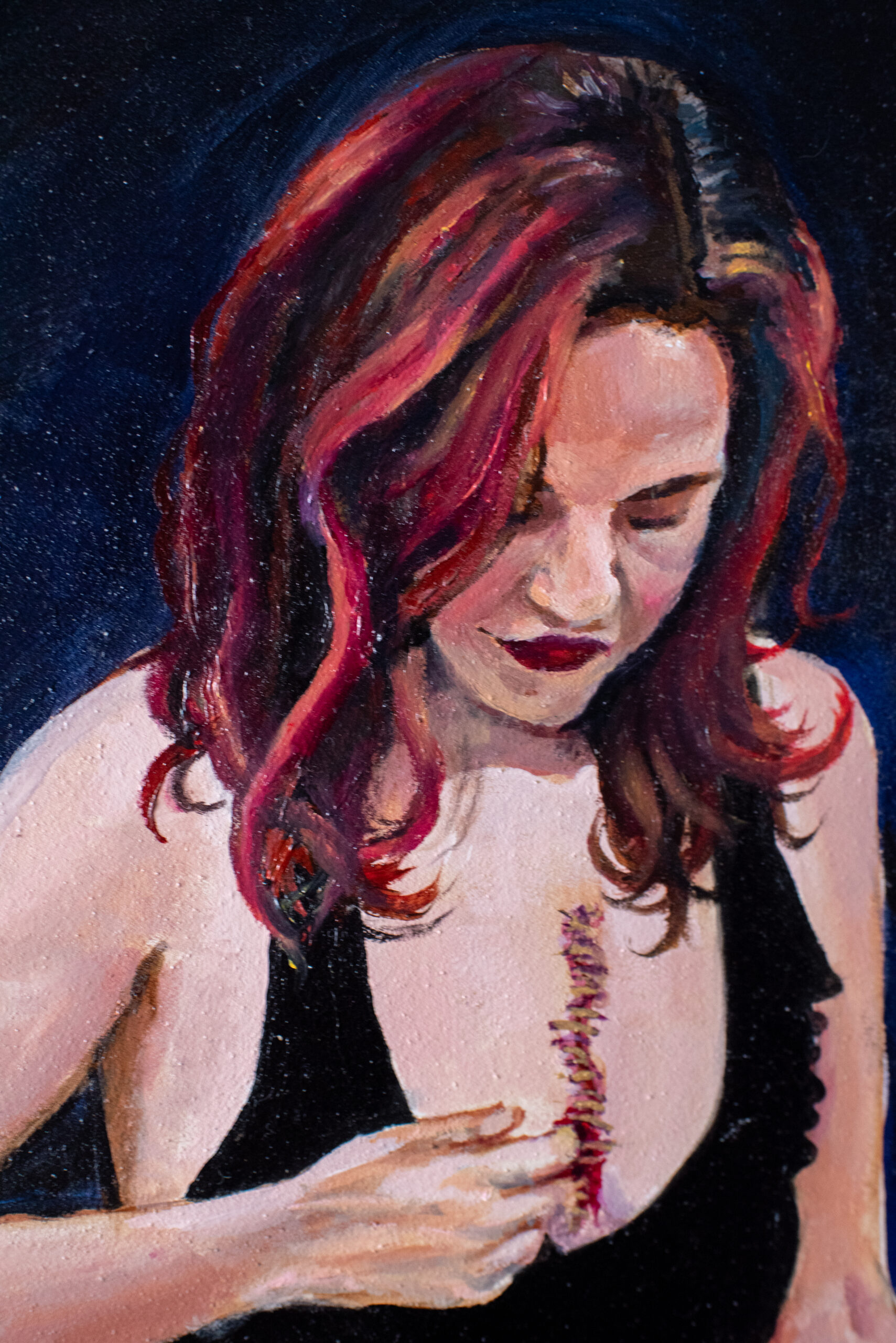 7 Things I Had to Unlearn to Mix Color Confidently in Oil Painting 1 Detail of an oil painting on panel showing layered brushstrokes and soft transitions of color, part of Sometimes When We Heal We Pick Our Scabs by Jolene DuBray, 2024